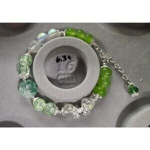 Green White Memory Wire Bracelet w Butterfly Charm  #289
